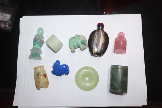 A group of Chinese stone carvings, a spinach green jade dish and a lapis lazuli dish